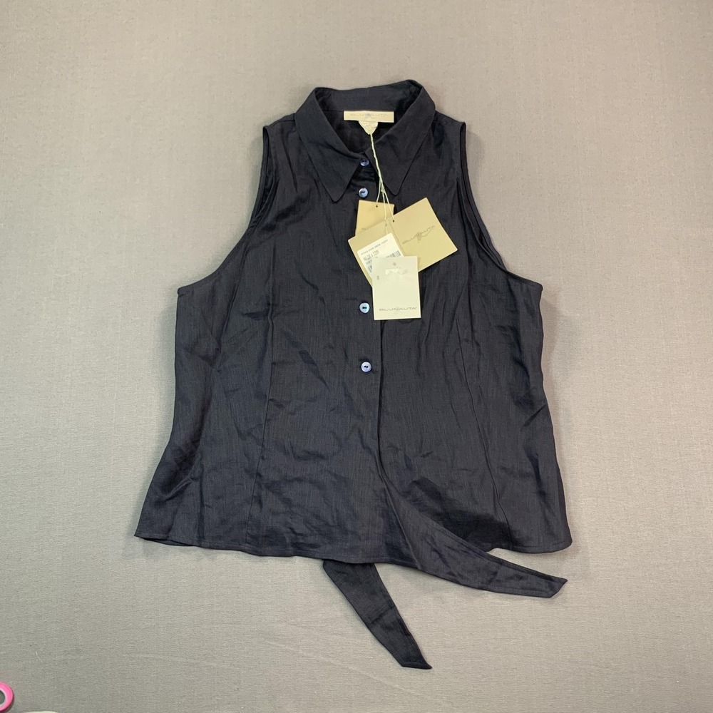 NEW Blunauta Shirt Womens 48 Black & Navy Linen Sleeveless Button Front Tie Hem - Picture 2 of 15